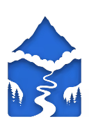 Illustration of a snow-capped mountain with a river and pine trees.