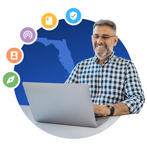 Man working at a laptop in front of an outline of Florida, surrounded by GoGuardian product icons.