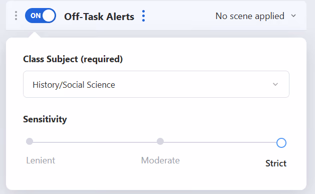 GoGuardian Teacher Off-Task Alerts panel with the feature switched on, a class subject dropdown, and a sensitivity slider set to strict.