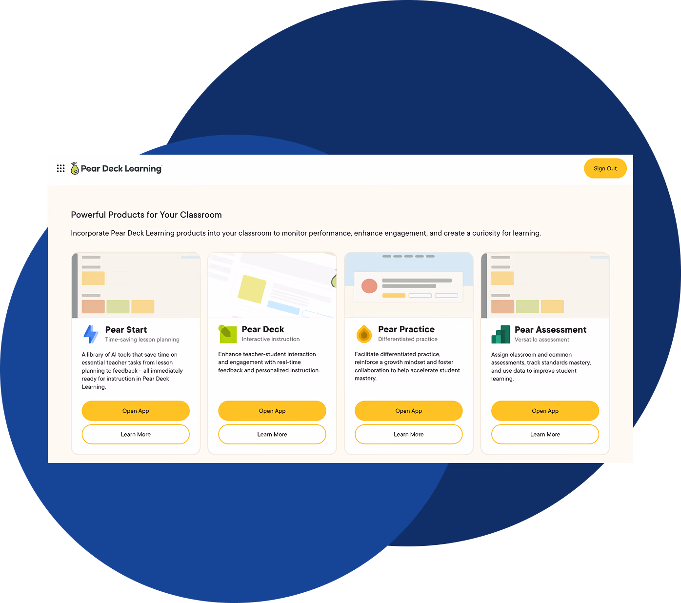 Pear Deck Learning Products. Pear Start, Pear Deck, Pear Practice, and Pear Assessment.