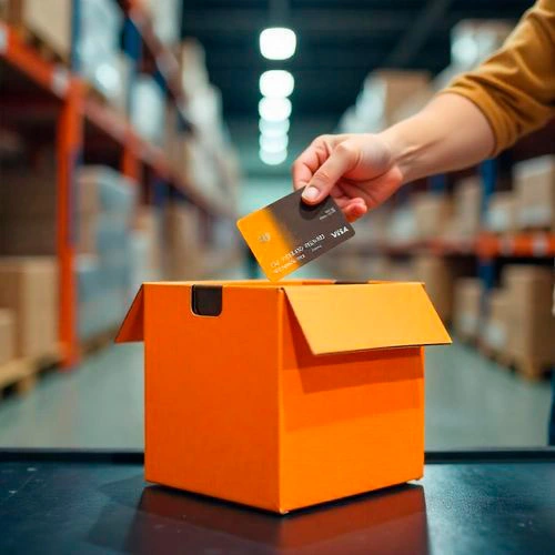 Hombre trabajando en un centro logístico guardando tarjeta de crédito en una caja