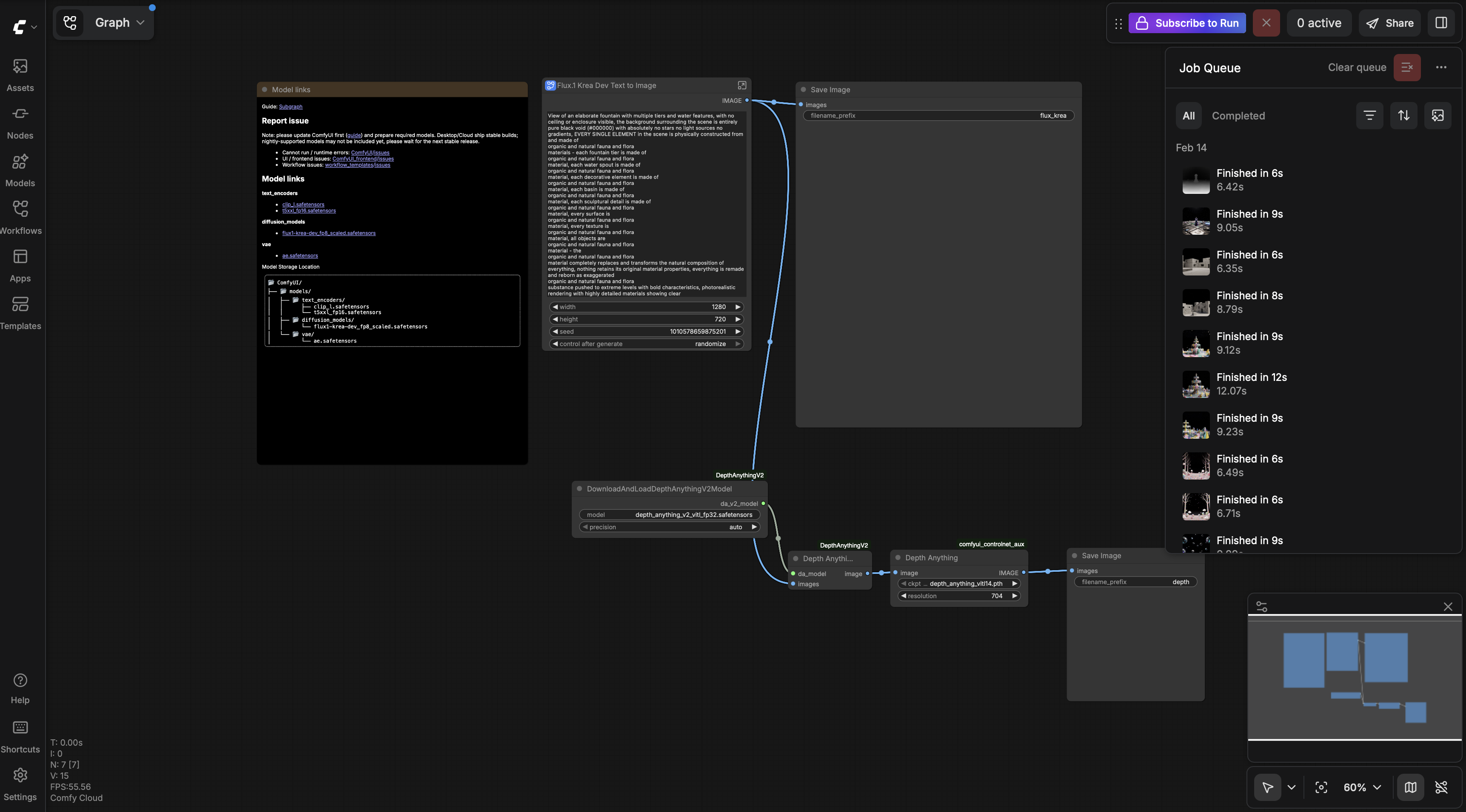 ComfyUI pipeline piping AI-generated images from the Flux Krea model into TouchDesigner for Pixel Drift