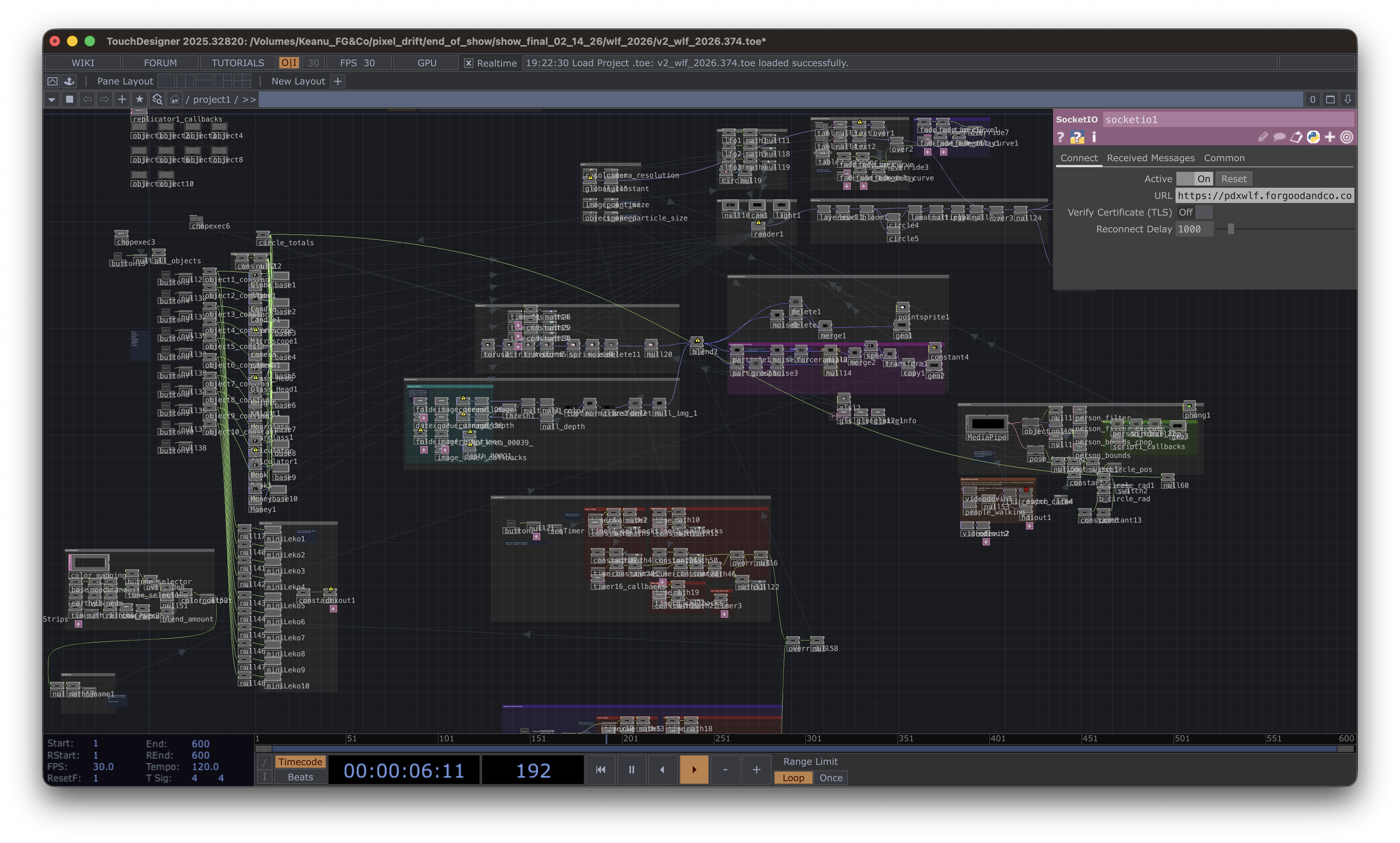 TouchDesigner network used to program Pixel Drift's environments and interactions