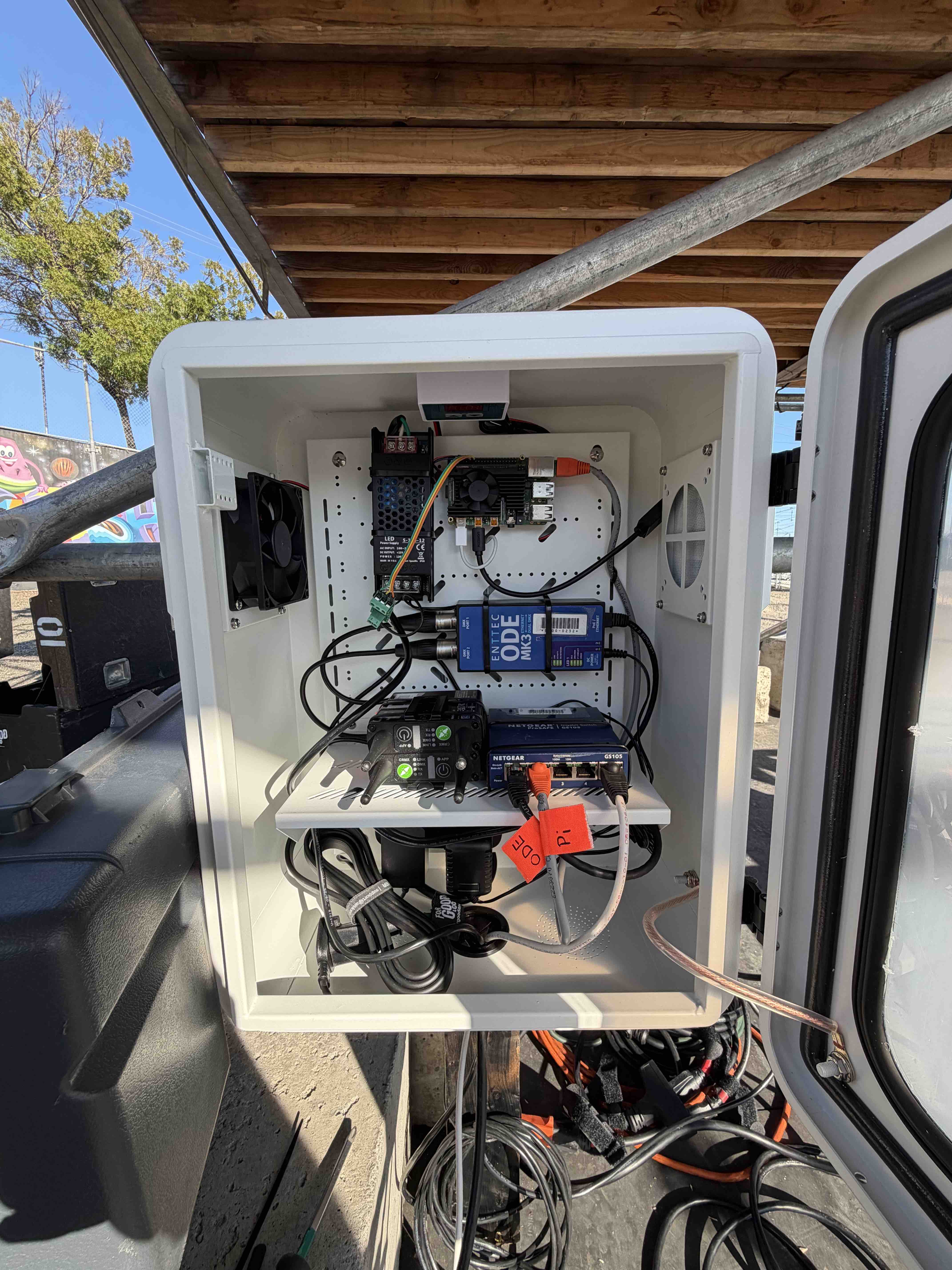 Detail view of the DMX lighting hardware installed for the 1803 Fund sculpture