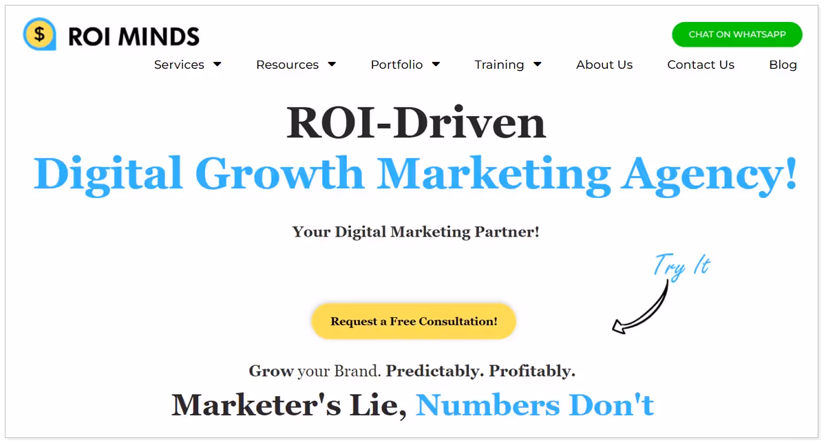 A home page of Roi Minds marketing agency with a Request a free consultation button.
