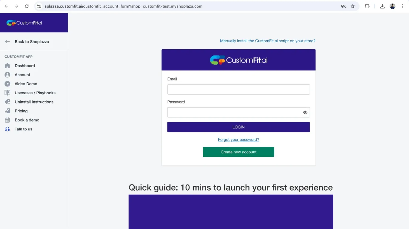 login page of customfit