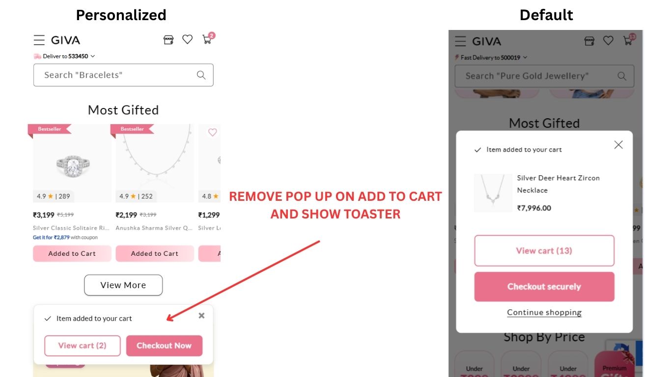 Remove pop up on Add to Cart and show Toaster