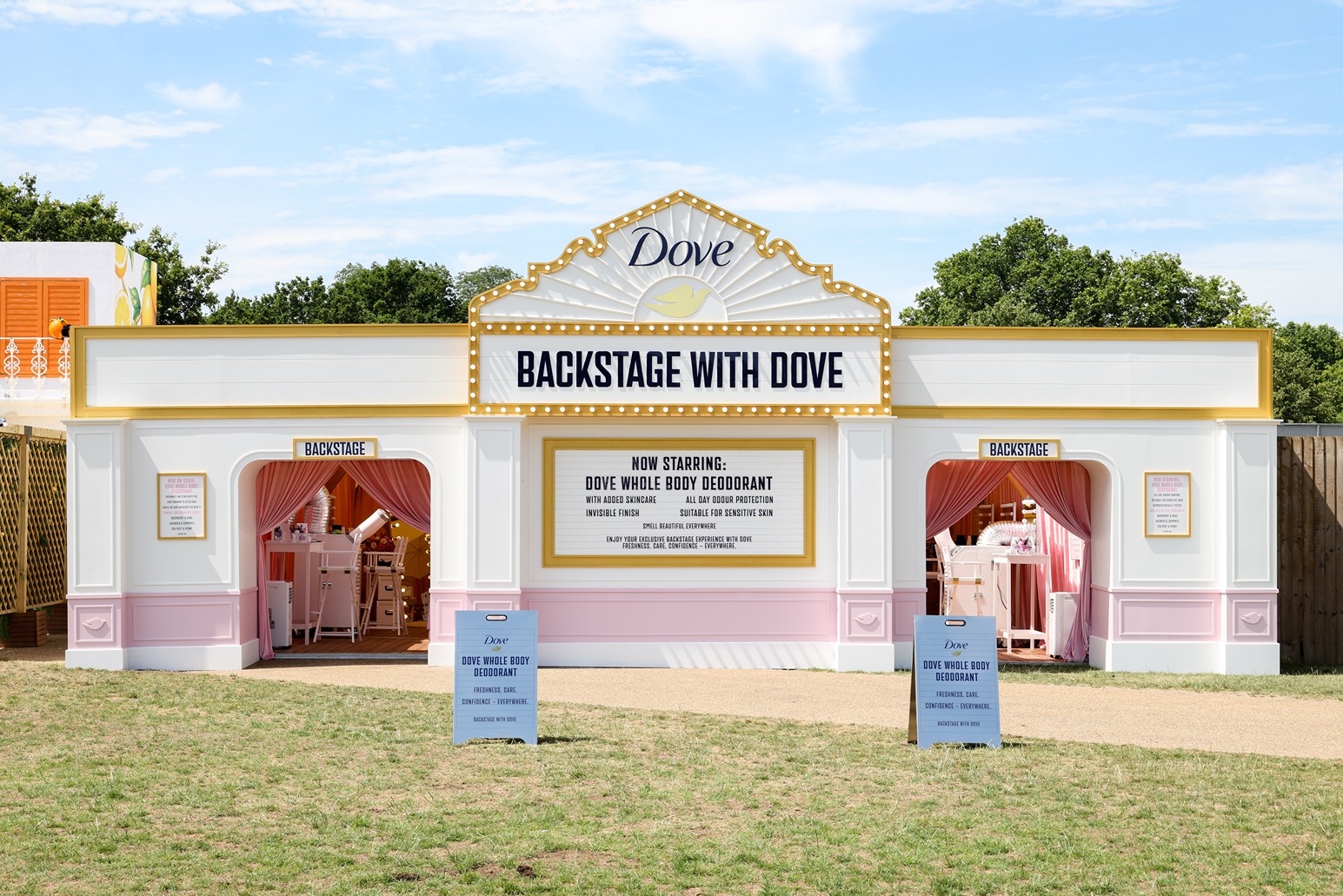 Theatrical facade of 'Backstage with Dove' beauty activation at BST Festival by Bearded Kitten