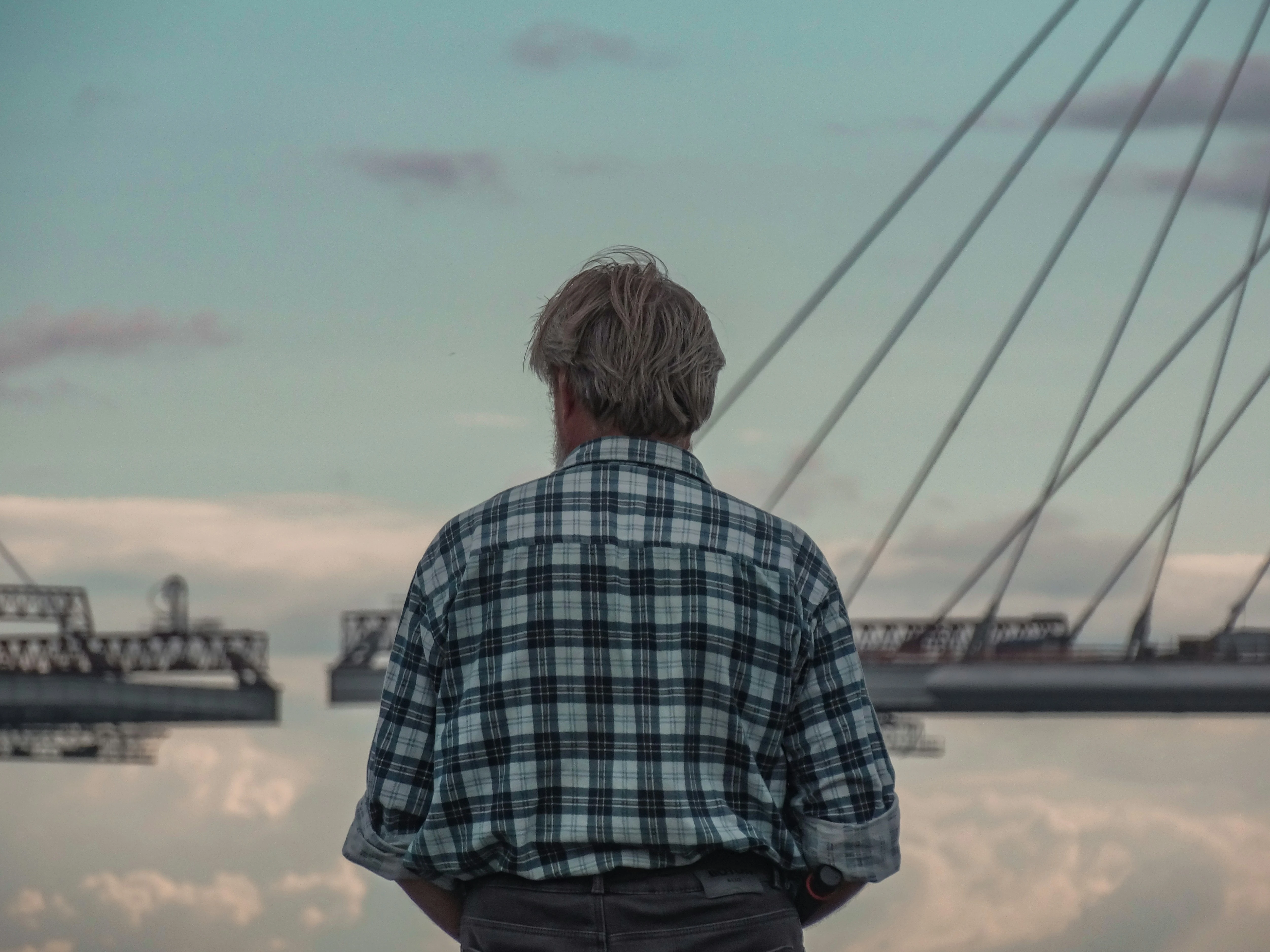 A grey haired person standing with their back to the camera, wearing a checked shirt, looking out toward an industrial scene with cranes and cables against a cloudy sky.