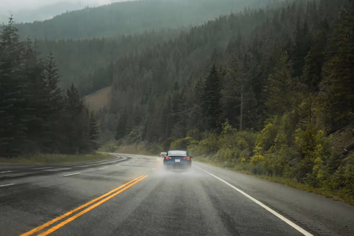 Car driving along a wet mountain road through dense forest during light rain.