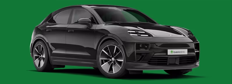 Black Porsche Macan electric SUV shown on a solid green background.