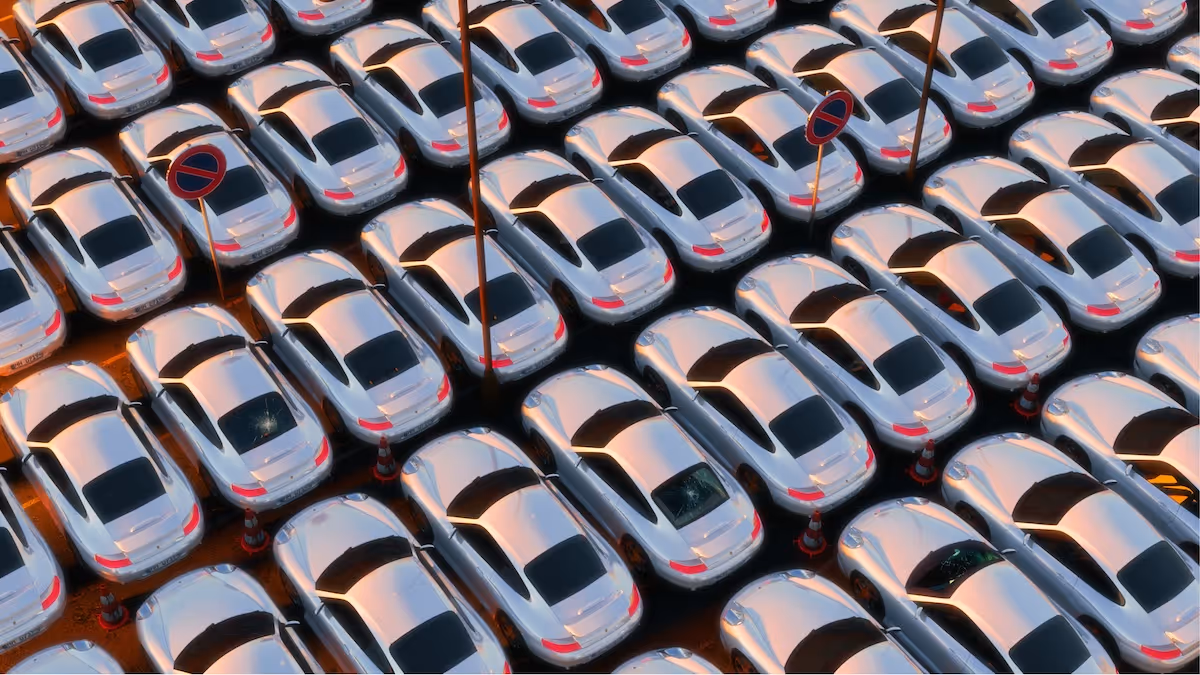Rows and rows of white vehicles tightly packed and parked next to each other.