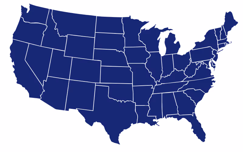Map of the contiguous United States with state borders outlined in white on dark blue background.