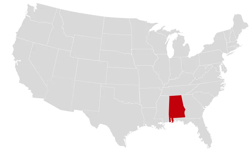 Map of the United States with the state of Alabama highlighted in red.