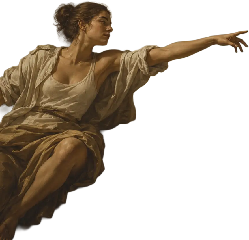 Painting of a woman with hair in a bun reaching out with her right arm against a blurred background.