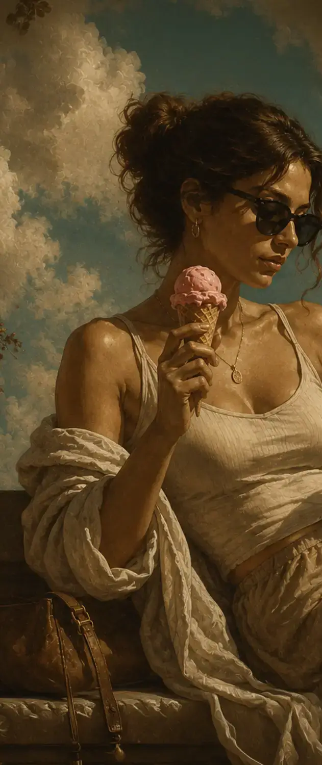 Banner section of a Woman in sunglasses holding a pink ice cream cone against a cloudy blue sky backdrop.