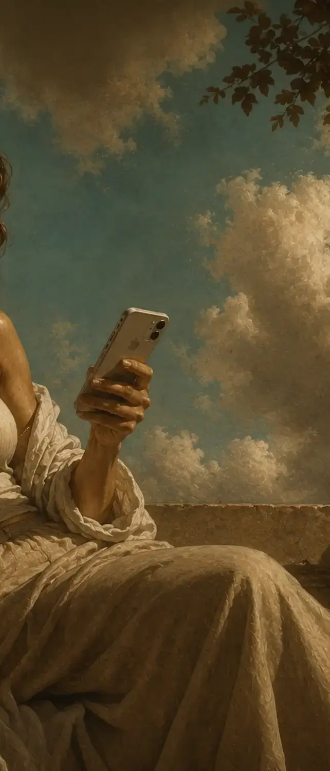 Banner section of a Painting style image of a person in light clothing holding an iPhone against a sky with clouds.