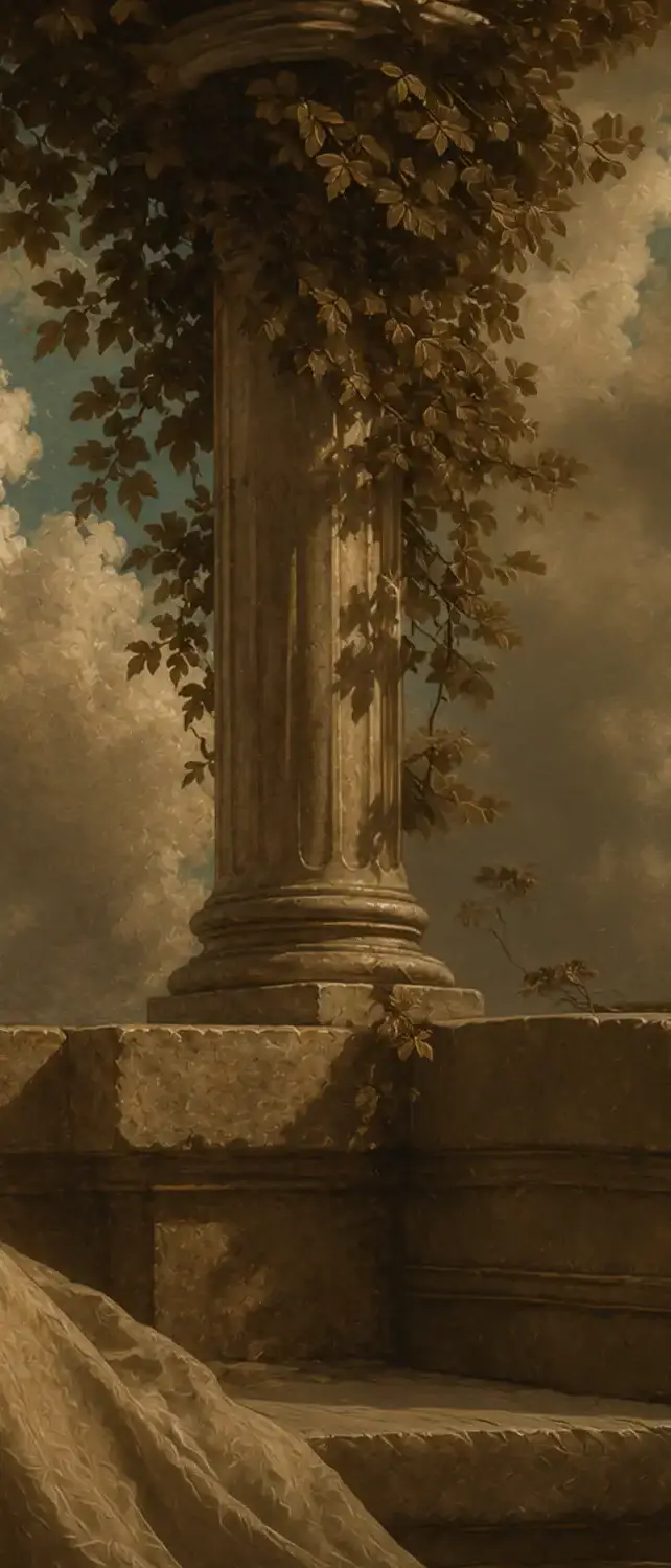 Banner section of a Classical column entwined with ivy leaves against a cloudy sky backdrop.