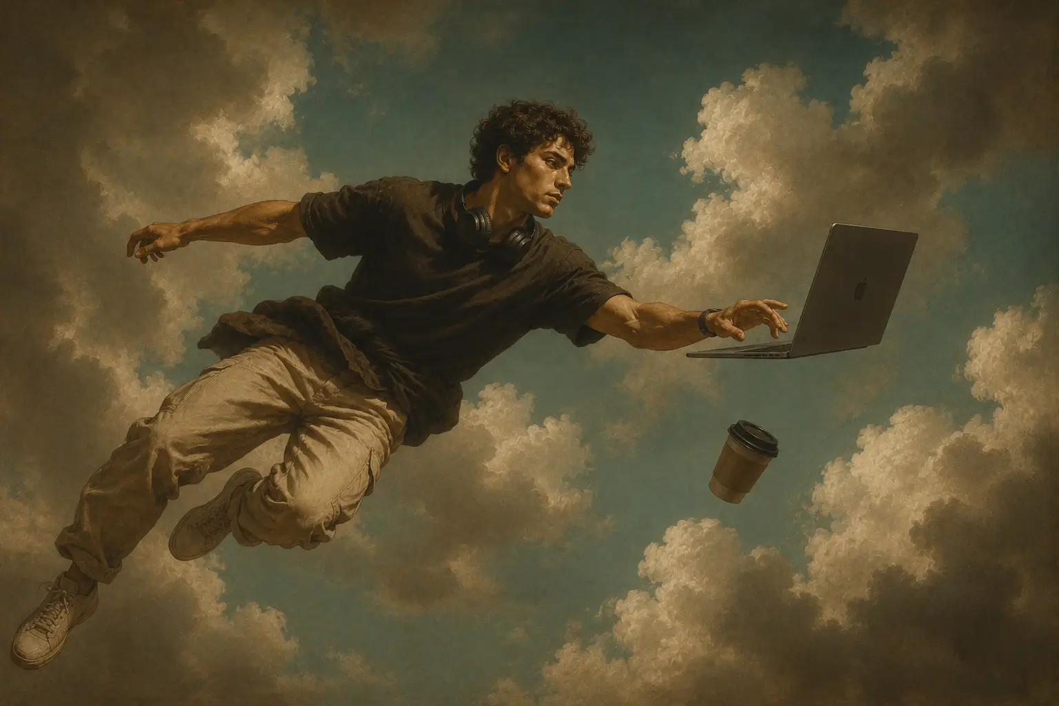 Young man floating in sky reaching for laptop with coffee cup falling beside him.