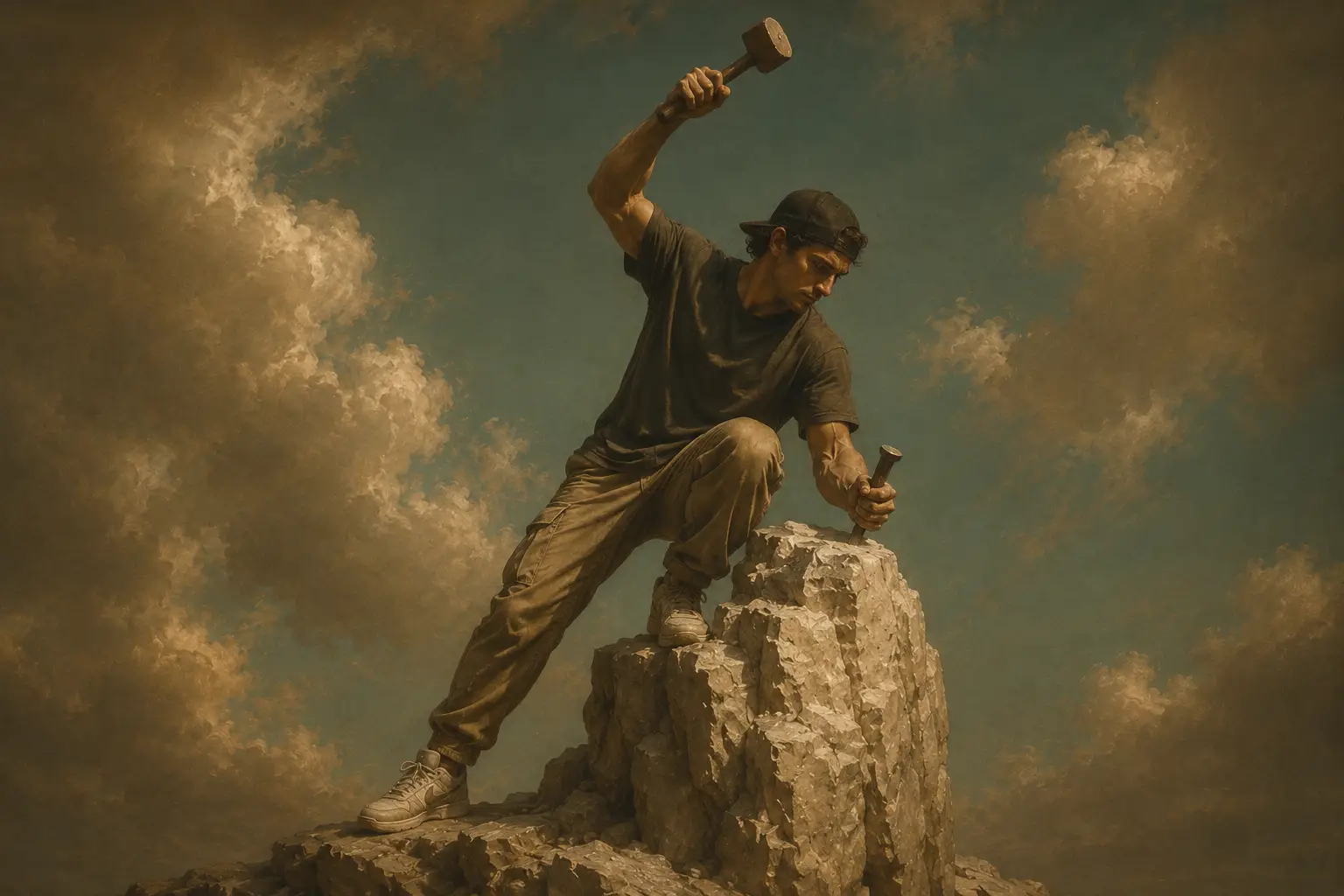 Man in a cap chiseling rock with hammer and chisel on rocky terrain under cloudy sky.