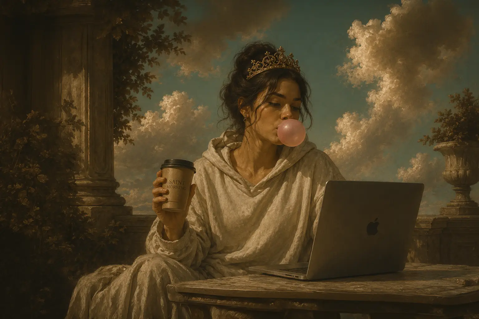 Woman wearing a crown and hoodie blows bubblegum while holding coffee and using a laptop outdoors.