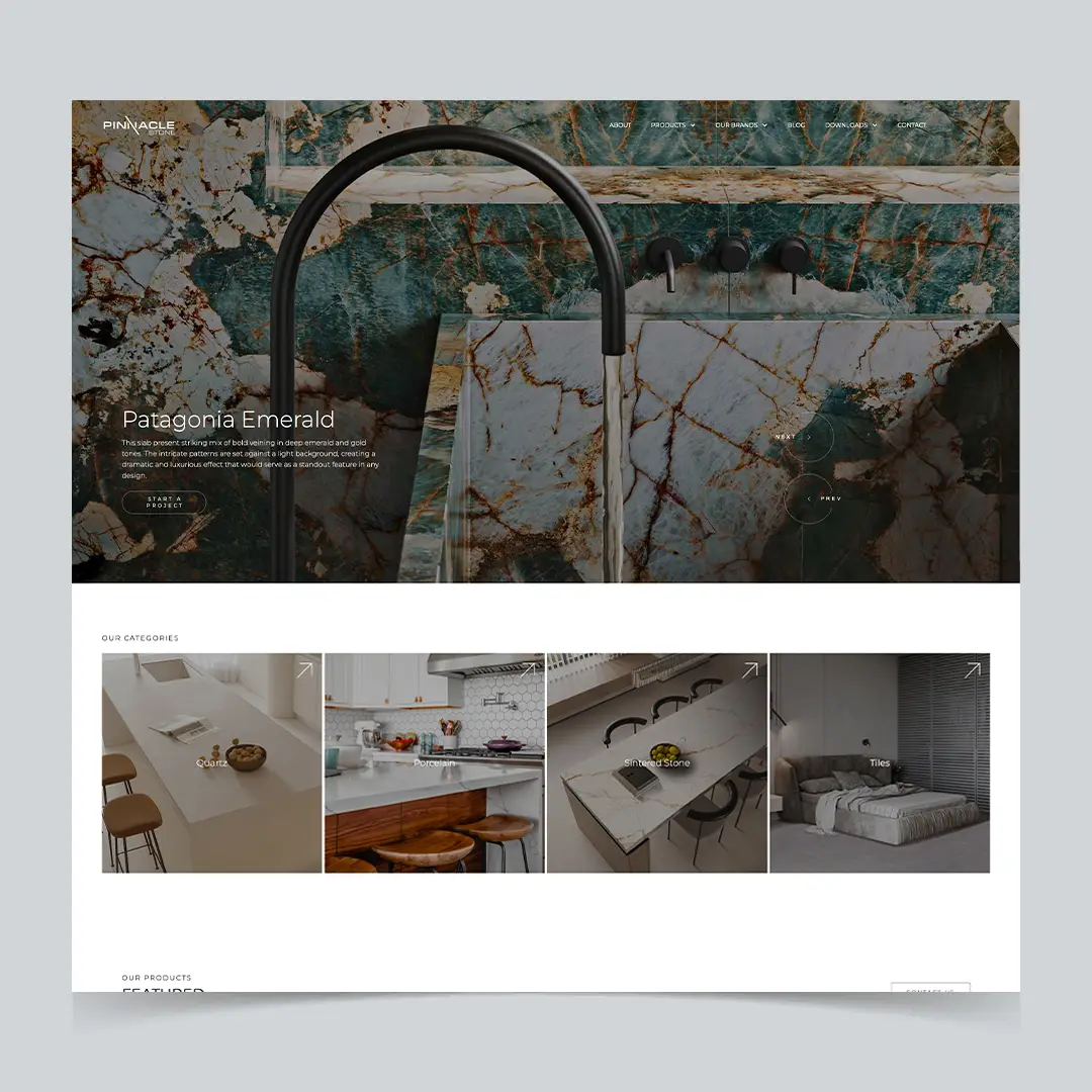 Website homepage for Pinnacle stone with a banner o featured quartz in kitchen basin with modern tap