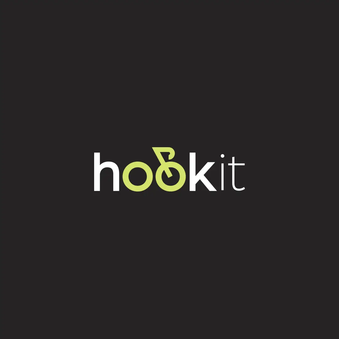 Logo for HookIt with stylized green bicycle forming two O's in the word on a dark background.