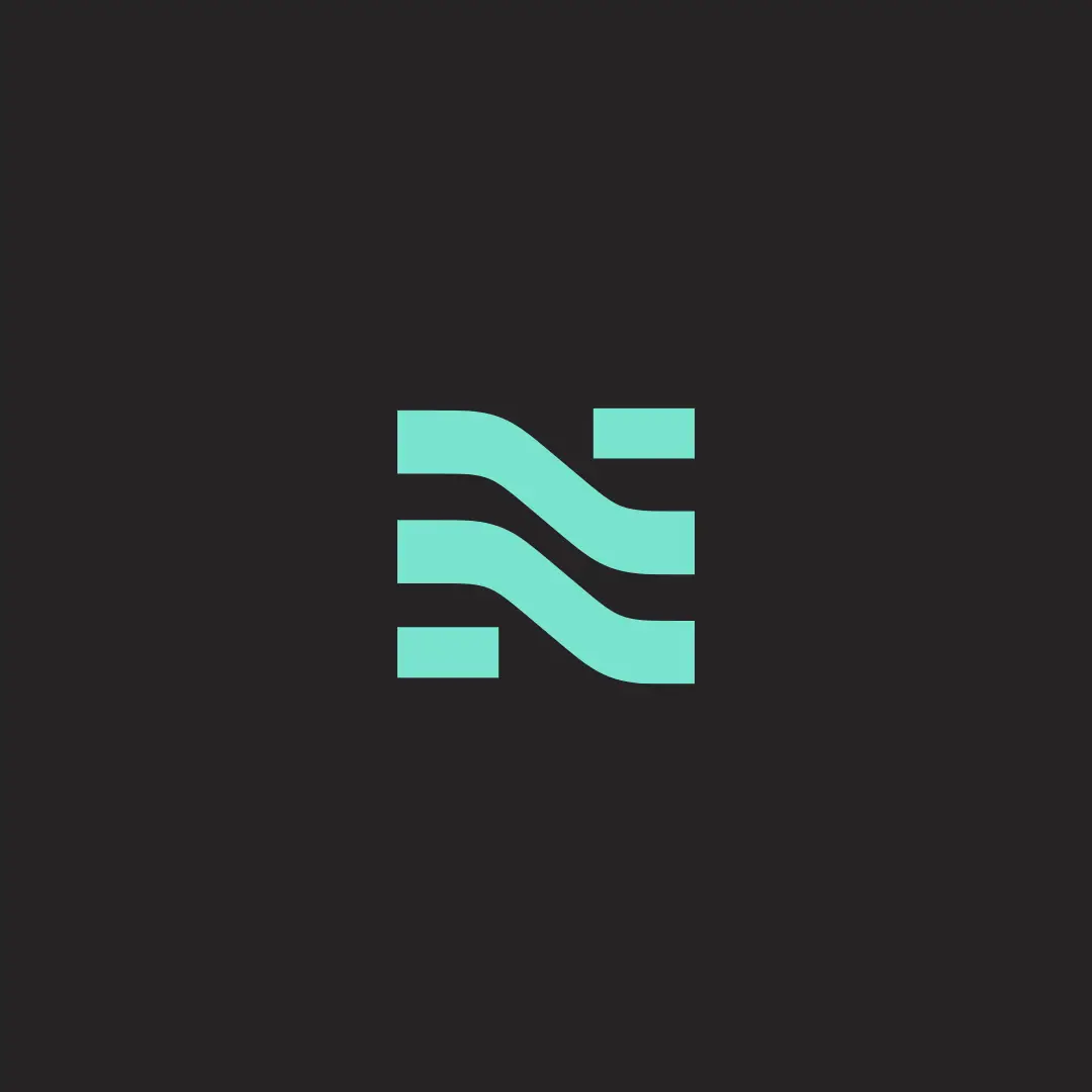 Abstract turquoise logo with two parallel wavy lines and three rectangular shapes on black background.