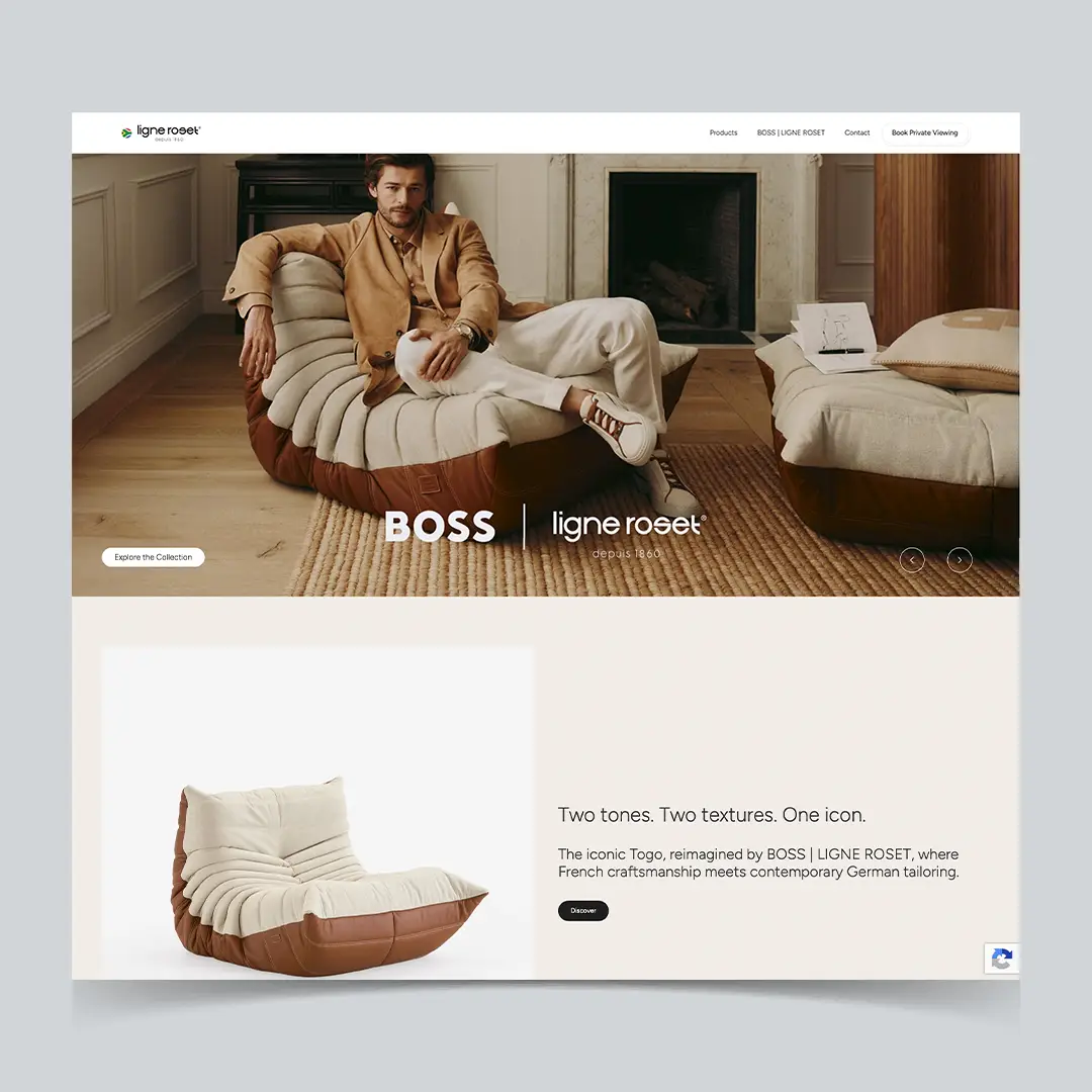 Website design with a banner of a Man lounging on a two-tone beige and brown Togo chair in a cozy living room setting.