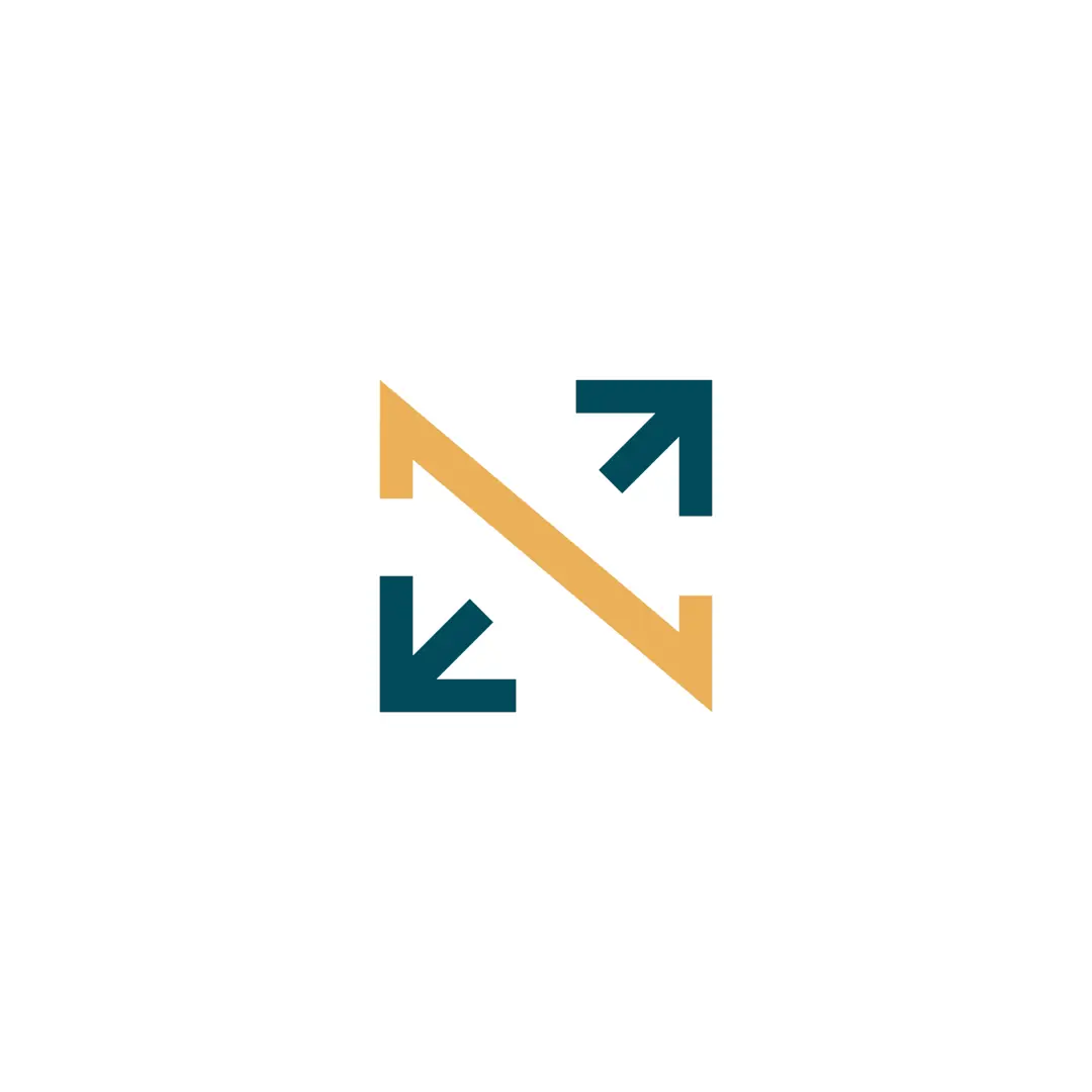 Two dark teal arrows pointing diagonally outward with a gold diagonal line crossing between them.