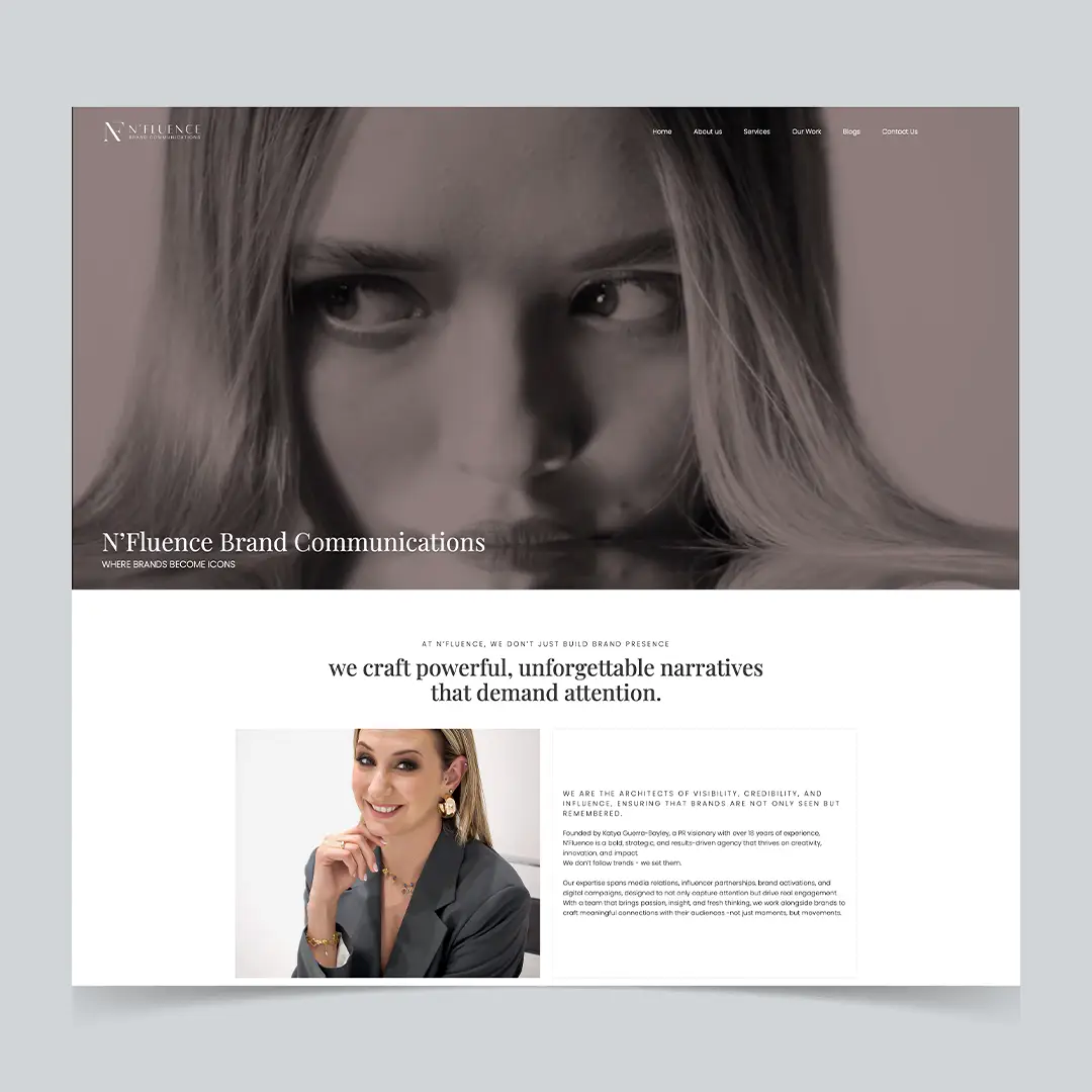 Website homepage with close-up face image, headline, smiling woman portrait, and company description.