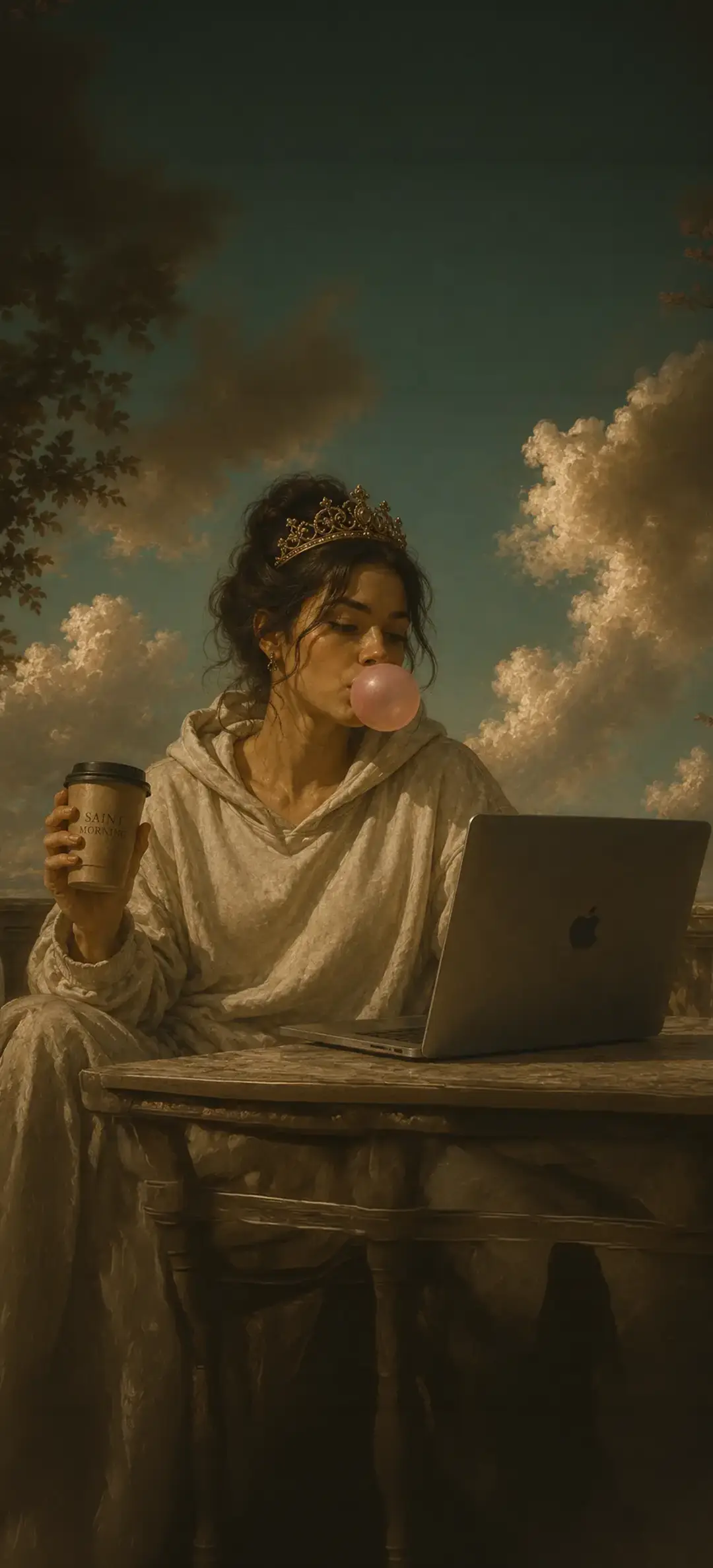 Woman wearing a crown blowing a pink bubble while holding a coffee cup and using a laptop outdoors.