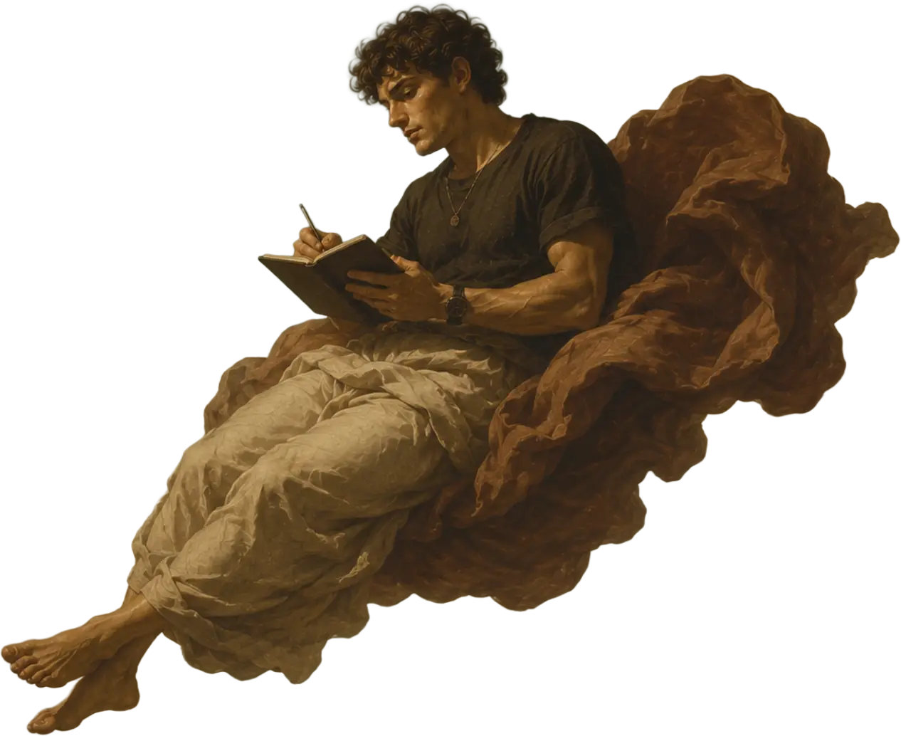 Young man with curly hair writing in a notebook while sitting on flowing brown fabric in midair.