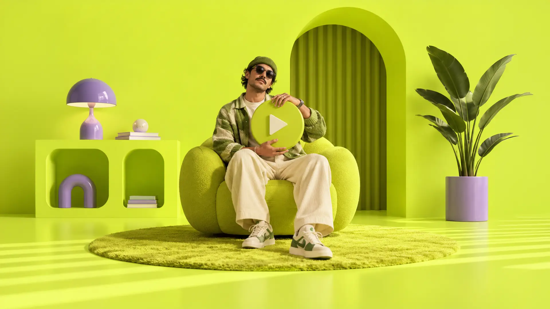 Man with sunglasses and green beanie sitting on a lime green rounded chair holding a large play button sign in a bright yellow-green room with matching rug, purple lamp on a cubed shelf, and a plant in a purple pot.