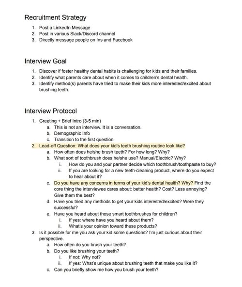 A screenshot of the interview protocol