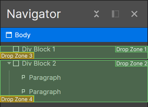 Webflow Navigator Tab Drop Zones