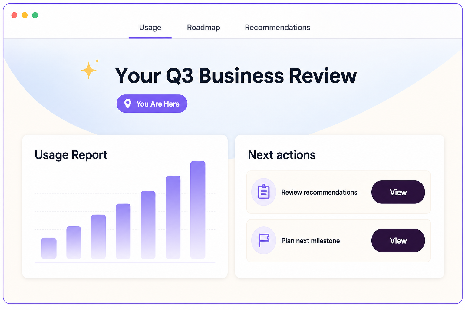 EverAfter-style customer business review with usage reporting, a current-stage marker, recommendations and milestone tasks, and View buttons.