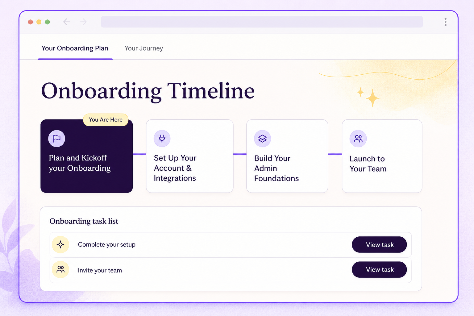 EverAfter-style onboarding plan with a four-step timeline, current-stage indicator, task list, and View task actions.
