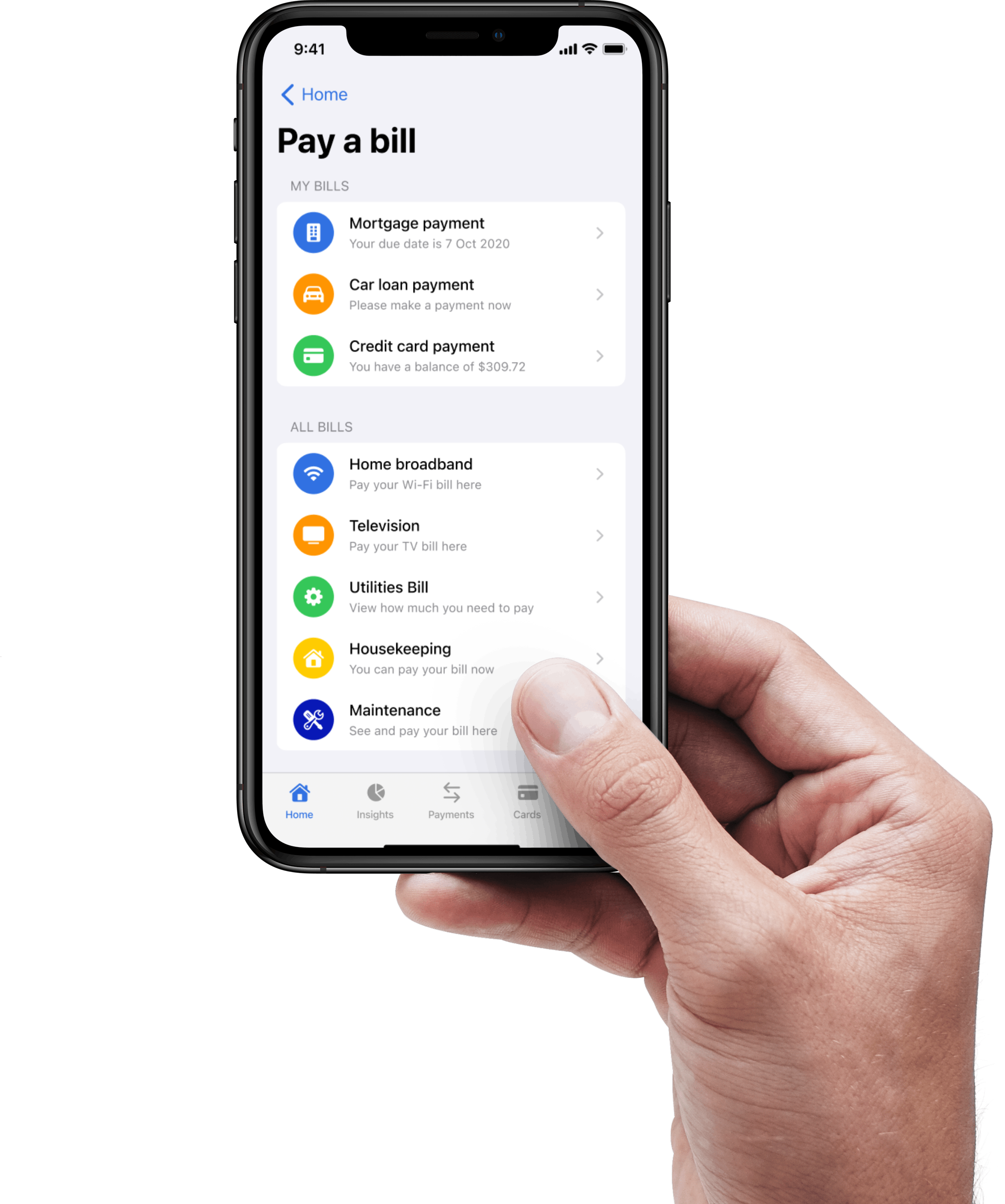 Arrow bank bill pay on mobile phone in a users hand
