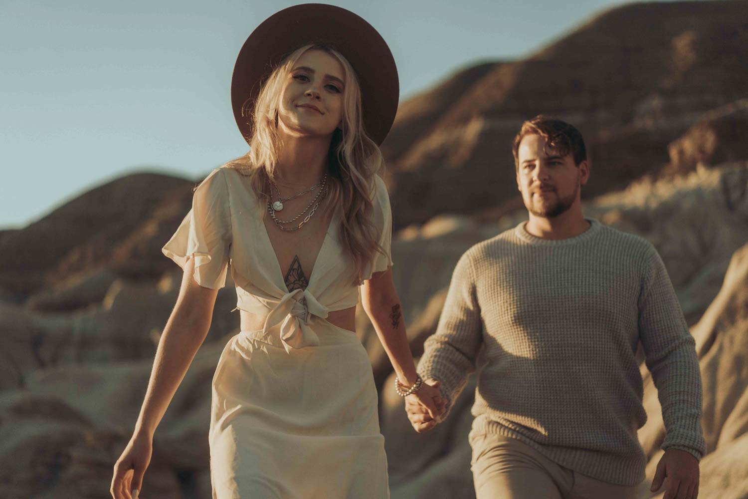 Wedding couple walking in Downtown Calgary