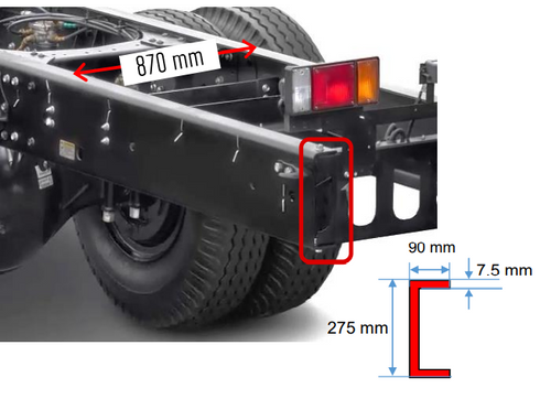 bentuk dan dimensi sasis isuzu fvr dengan label tinggi, lebar dan tebal.
