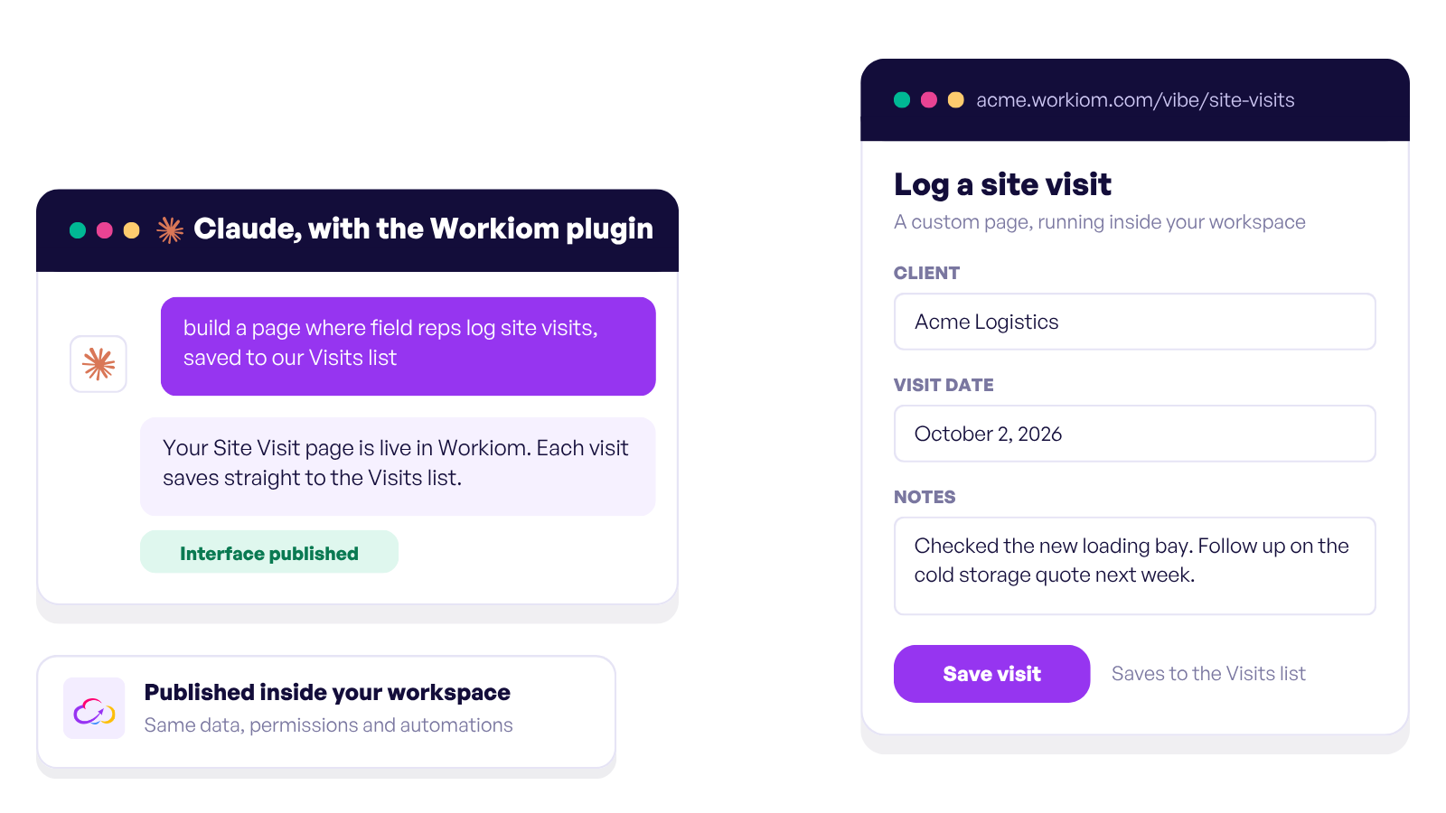 Claude with the Workiom plugin building an Interface inside Workiom
