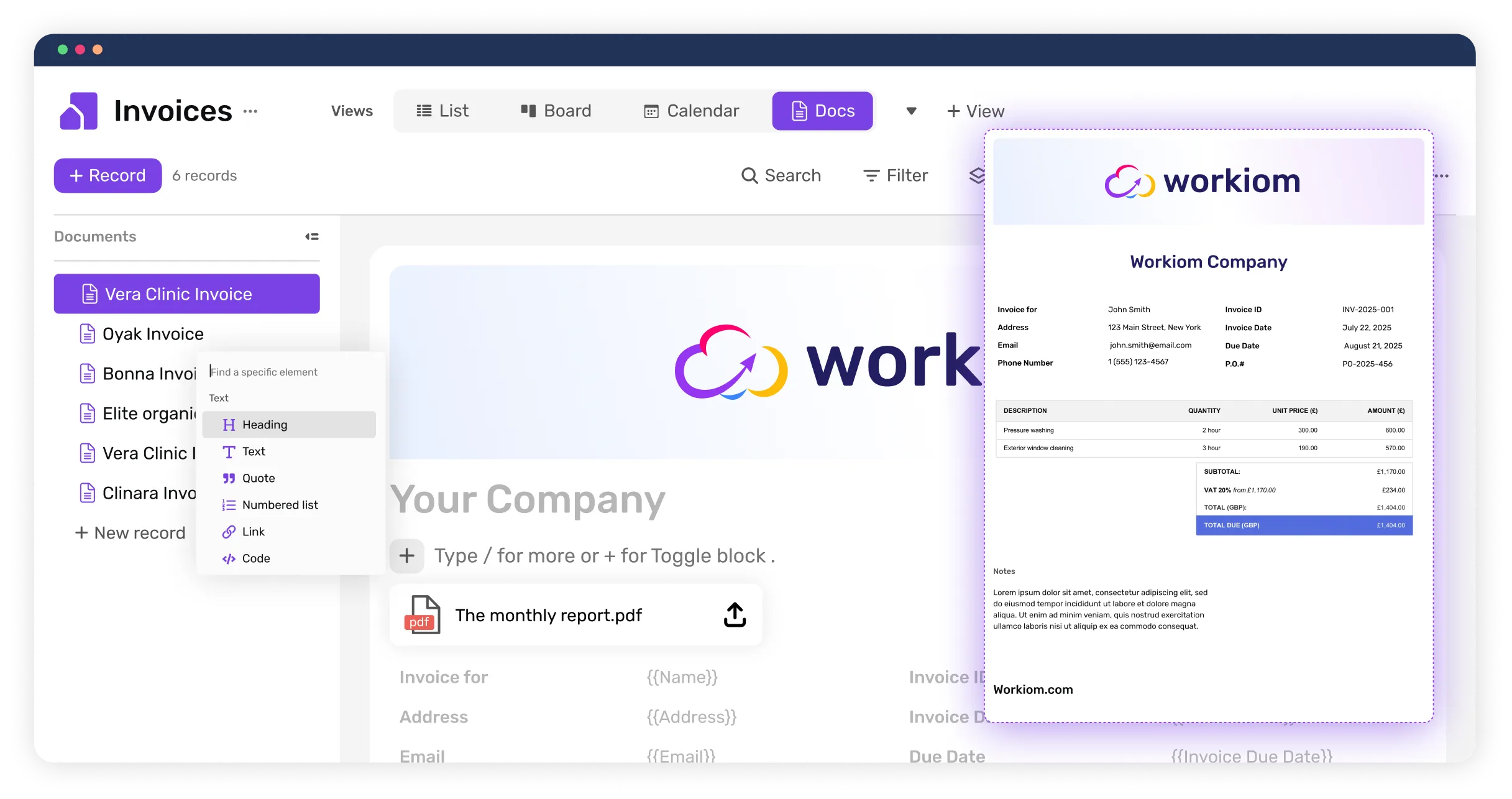 Document view in Workiom product
