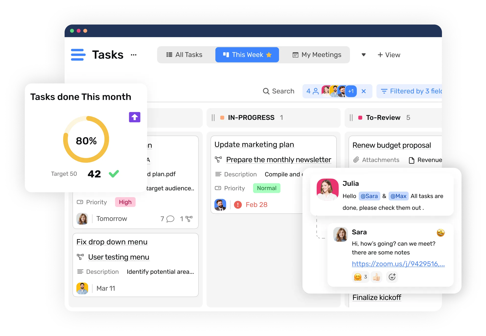 Collaboration feature overview with comments, replies & kanban