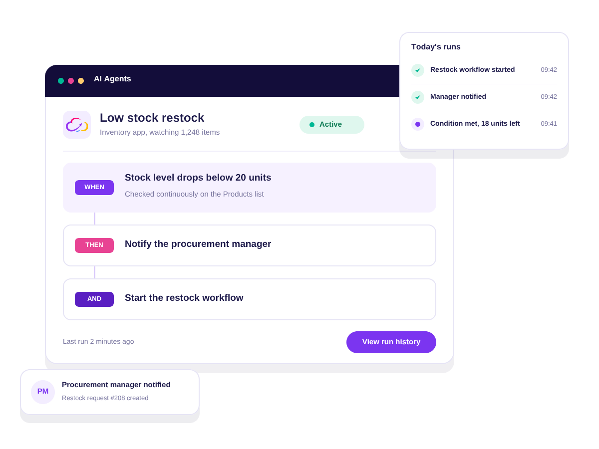 Workiom AI agent running a low stock restock rule with its run log and a procurement notification