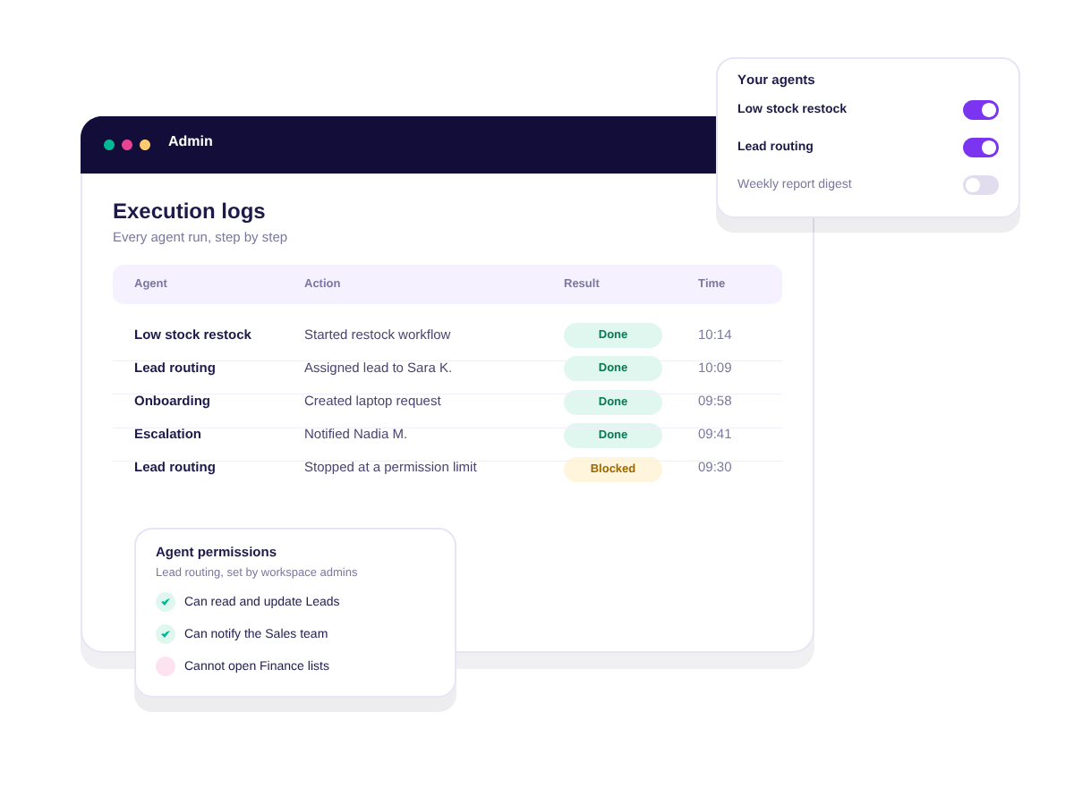Agent execution logs, on and off switches for each agent, and agent permission limits