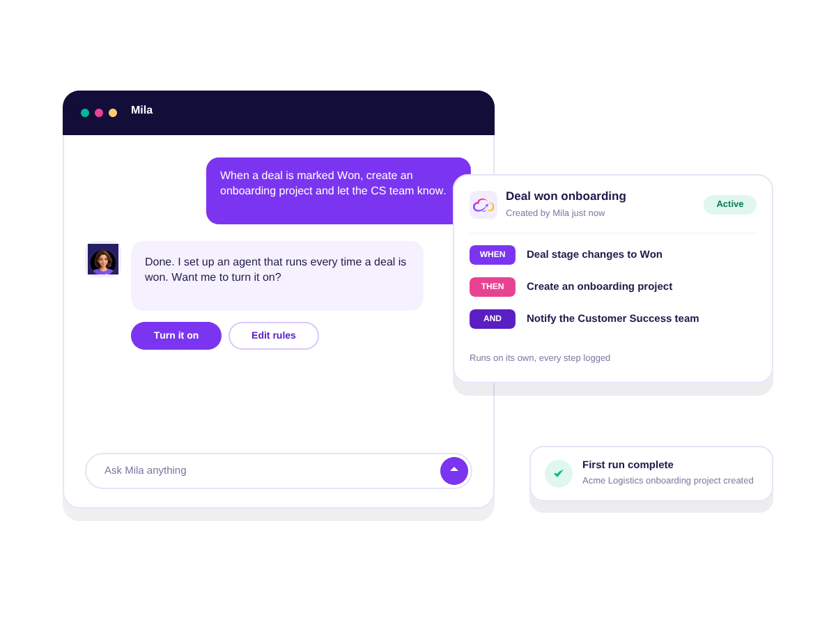 Mila setting up an AI agent from a chat request, with the agent rule and its first run