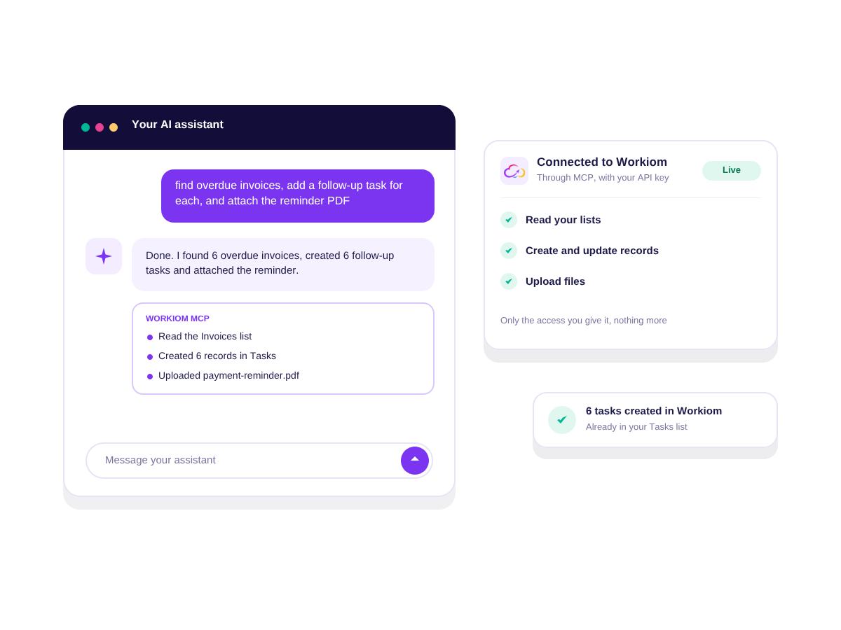 An AI assistant reading a Workiom list, creating tasks and uploading a file through Workiom MCP