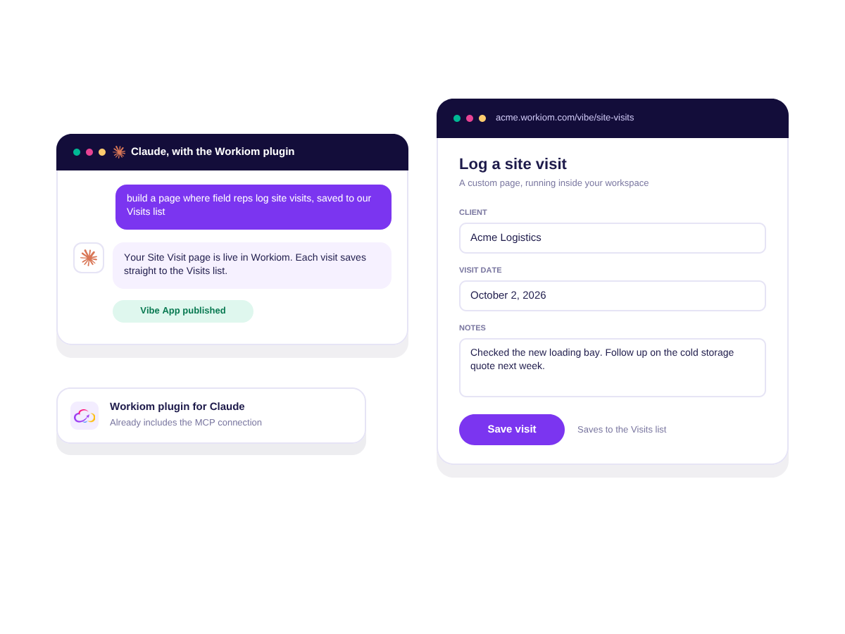 A Vibe App built by describing it to Claude with the Workiom plugin, running inside Workiom