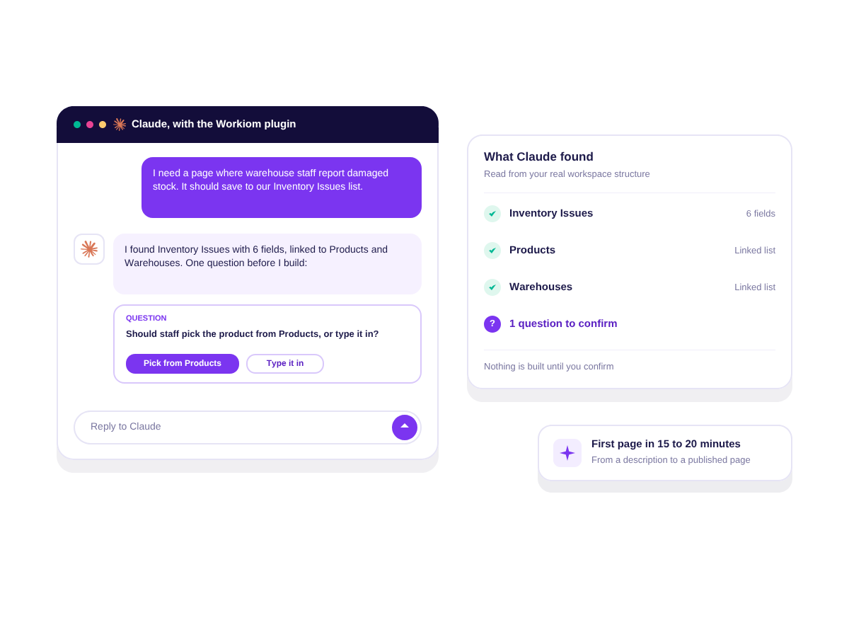 An AI assistant reading the workspace structure and asking a question before building a Vibe App